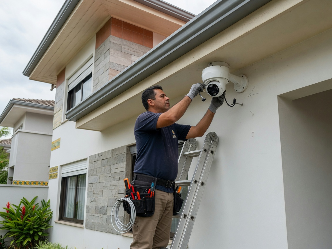 Técnico da Techno Help instalando câmera de segurança